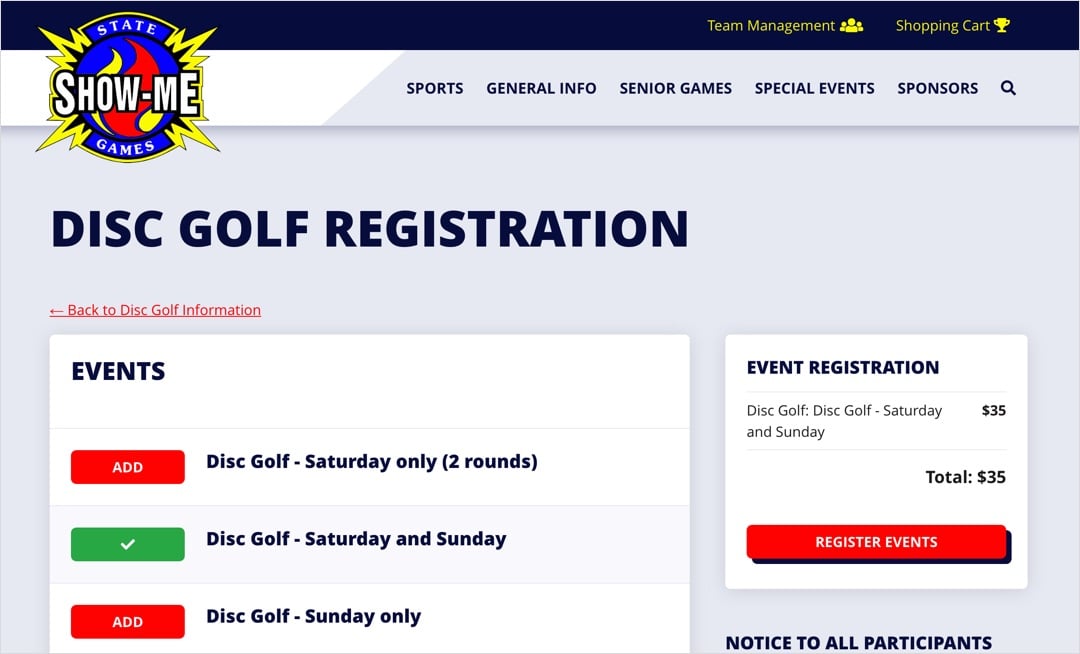 ShowMe State Games online event registration selection screens Delta